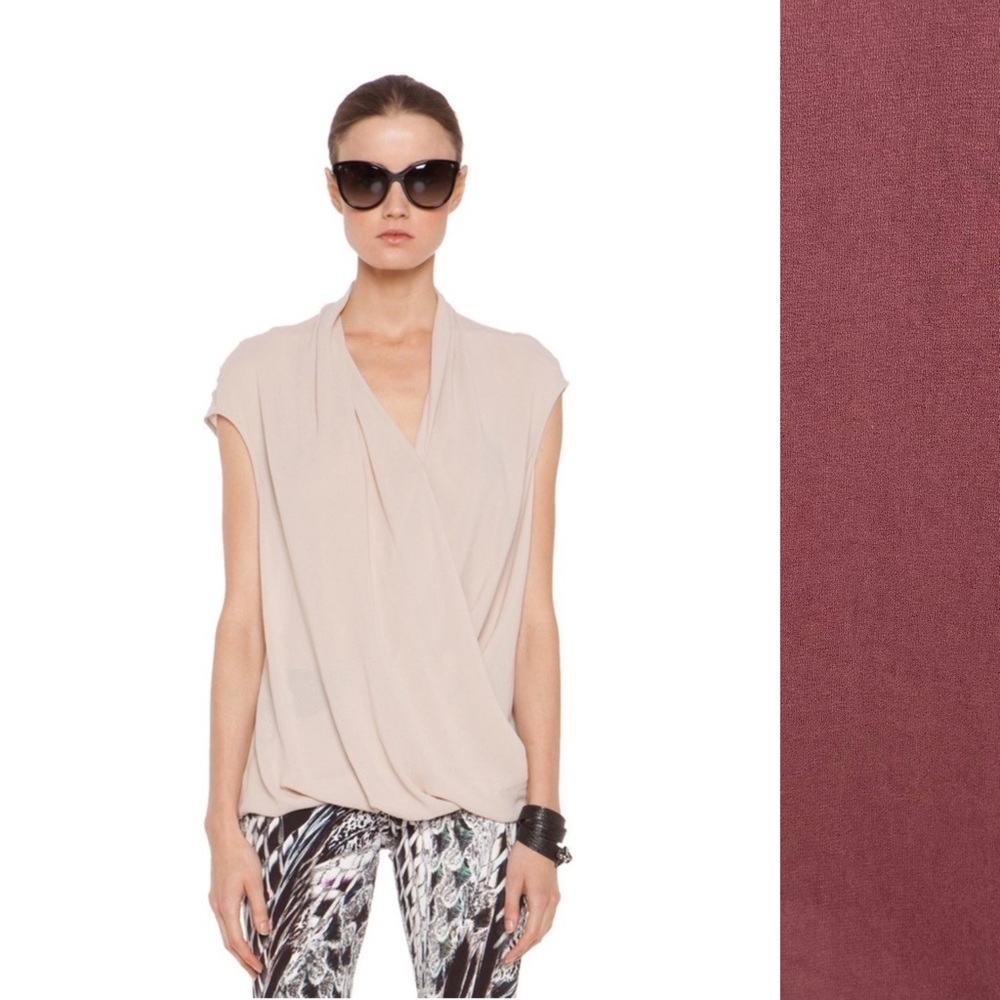 Helmut Lang Burgundy Cap Shroud Twist Wrap Top Blouse Size 0/2 Designer Office